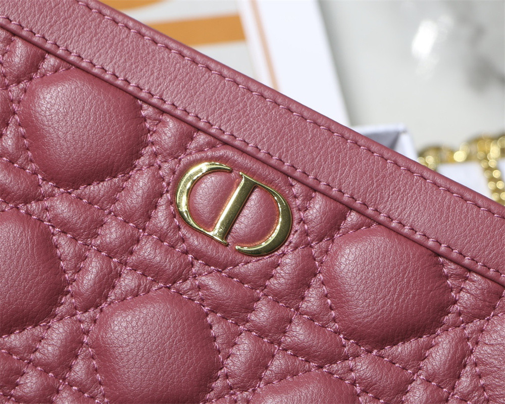 D*0r CARO ZIPPED POUCH WITH CHAIN Red S*pple Cannage Calfskin 19 x 14 x 4.5 cm