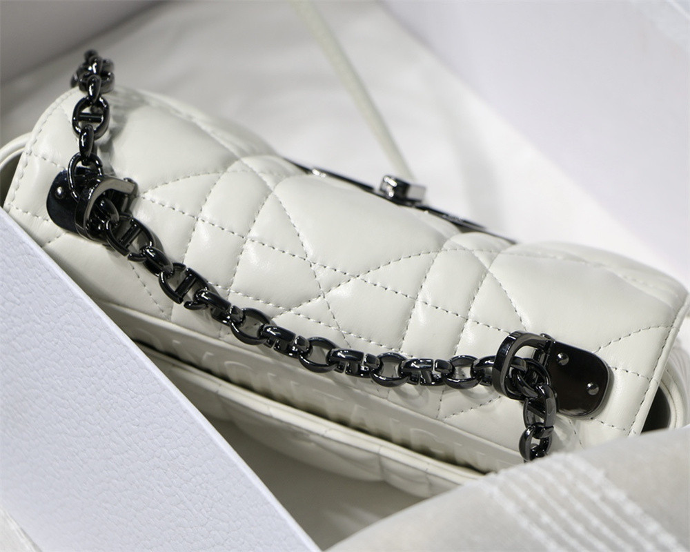 SMALL D*0r CARO BAG Ivory S*pple Cannage Calfskin With Silver Hardware 20 x 12 x 7 cm