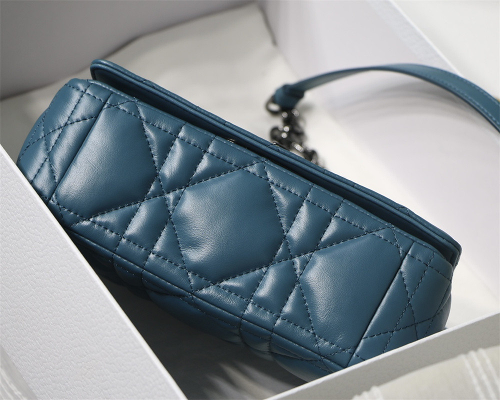 SMALL D*0r CARO BAG Navy S*pple Cannage Calfskin With Silver Hardware 20 x 12 x 7 cm