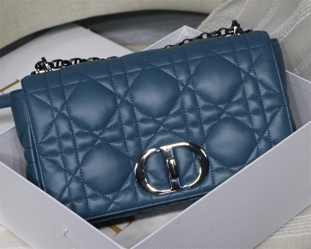 LARGE D*0r CARO BAG Navy S*pple Cannage Calfskin With Silver Hardware 29 x 18 x 10 cm