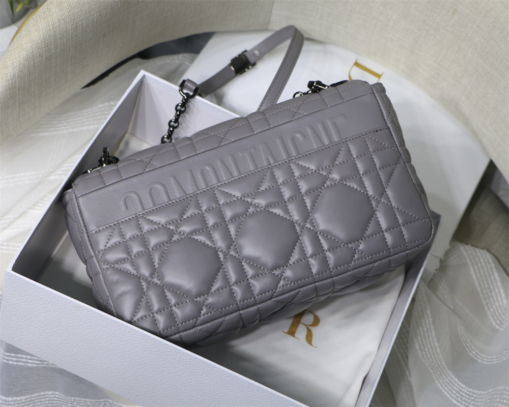 LARGE D*0r CARO BAG Stone Gray S*pple Cannage Calfskin With Silver Hardware 29 x 18 x 10 cm