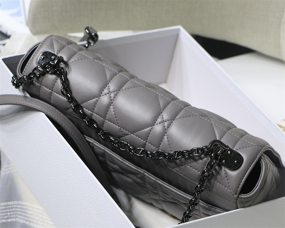 LARGE D*0r CARO BAG Stone Gray S*pple Cannage Calfskin With Silver Hardware 29 x 18 x 10 cm