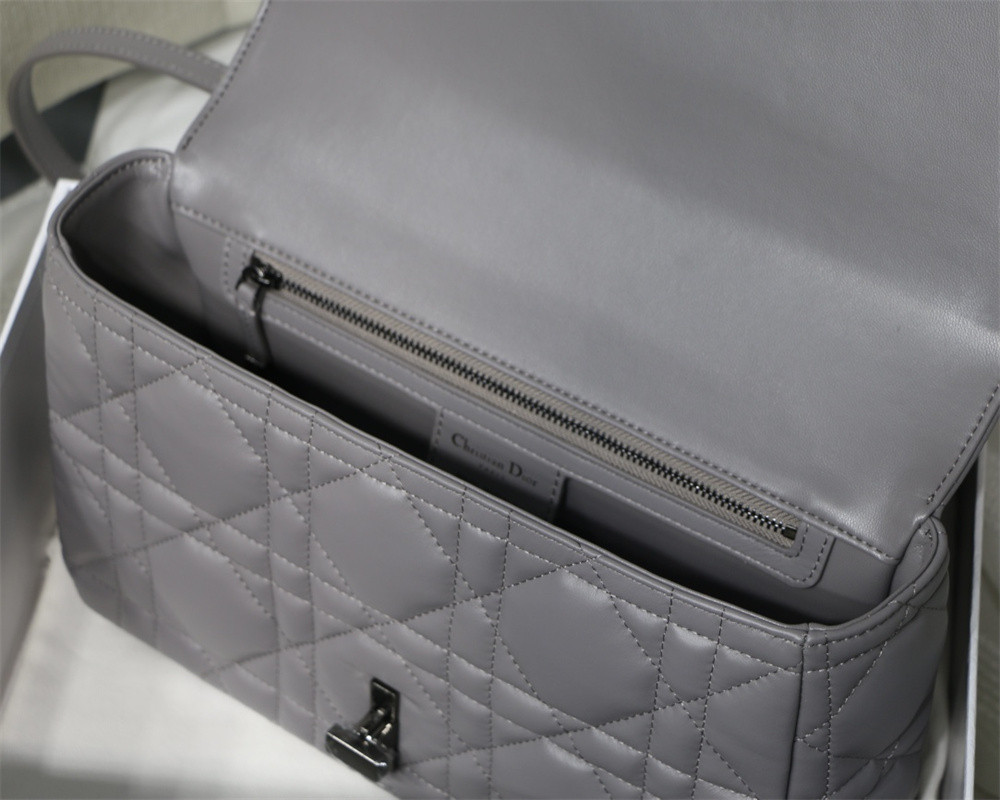 LARGE D*0r CARO BAG Stone Gray S*pple Cannage Calfskin With Silver Hardware 29 x 18 x 10 cm