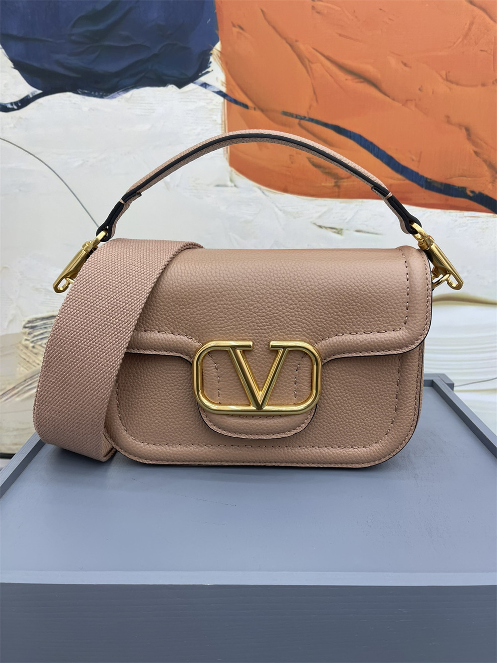 va*t*no GARAVANI ALLTIME GRAINY CALFSKIN SHOULDER BAG ROSE CANNELLE 23.5x18X8cm