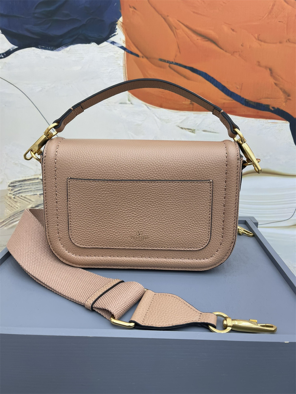 va*t*no GARAVANI ALLTIME GRAINY CALFSKIN SHOULDER BAG ROSE CANNELLE 23.5x18X8cm