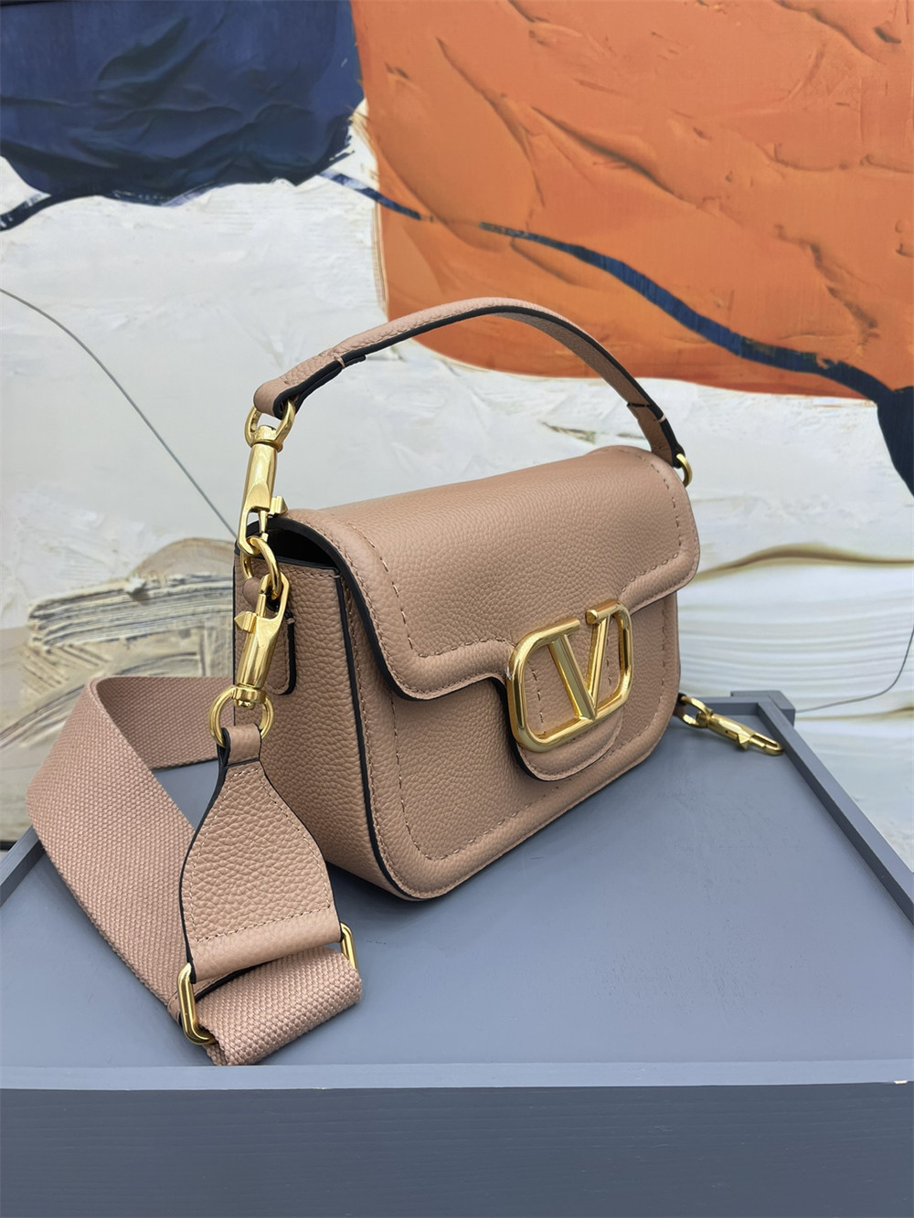 va*t*no GARAVANI ALLTIME GRAINY CALFSKIN SHOULDER BAG ROSE CANNELLE 23.5x18X8cm