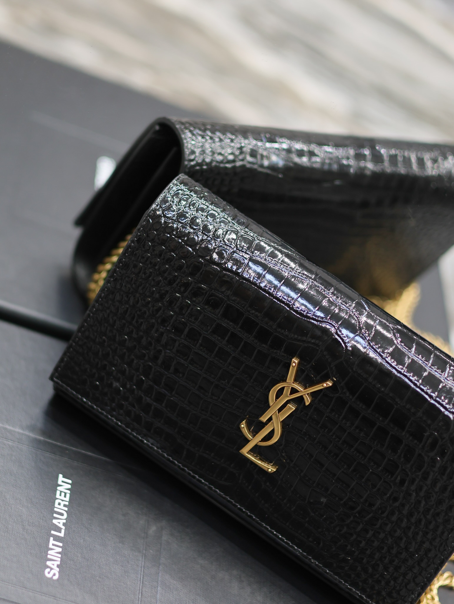 Y*L CASSANDRE CHAIN WALLET IN CROCODILE-EMBOSSED SHINY LEATHER