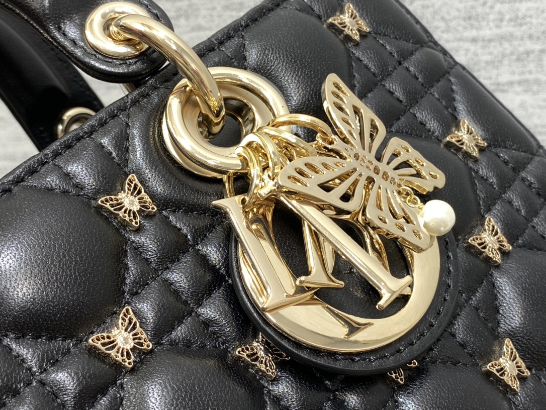 D*0r MEDIUM LADY D-JOY BAG Black with Butterfly Studs