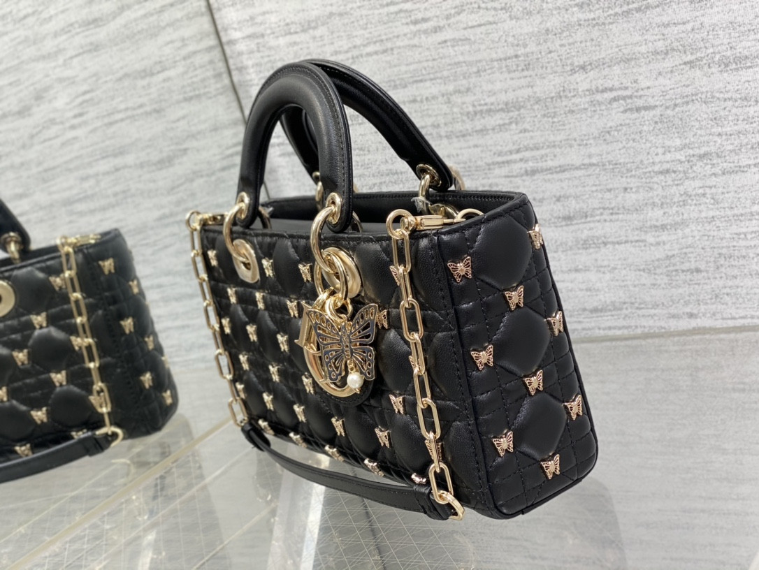 D*0r MEDIUM LADY D-JOY BAG Black with Butterfly Studs