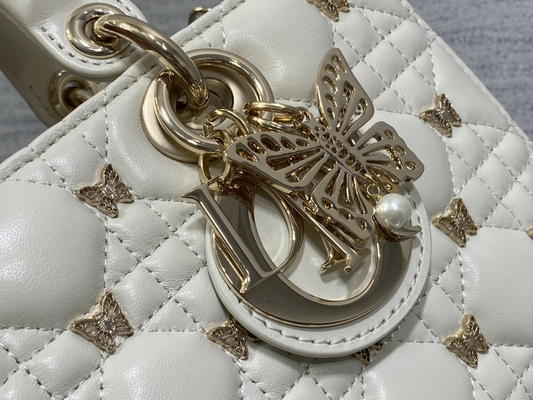 D*0r MEDIUM LADY D-JOY BAG White with Butterfly Studs