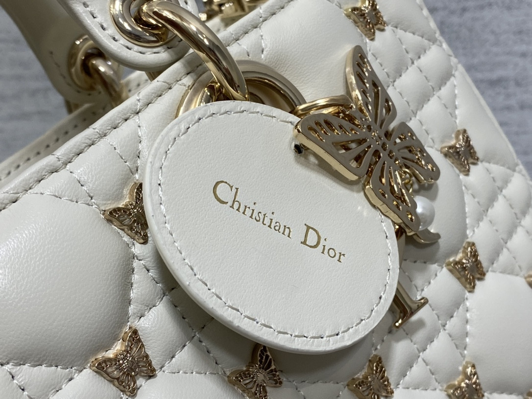 D*0r MEDIUM LADY D-JOY BAG White with Butterfly Studs