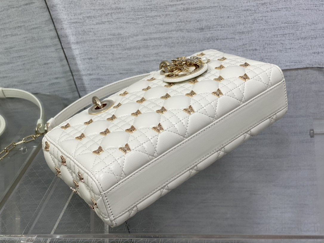 D*0r MEDIUM LADY D-JOY BAG White with Butterfly Studs