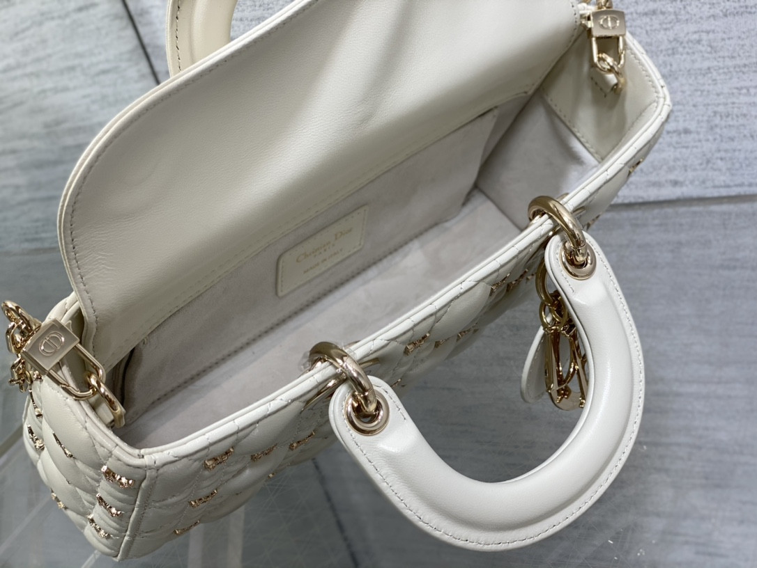 D*0r MEDIUM LADY D-JOY BAG White with Butterfly Studs
