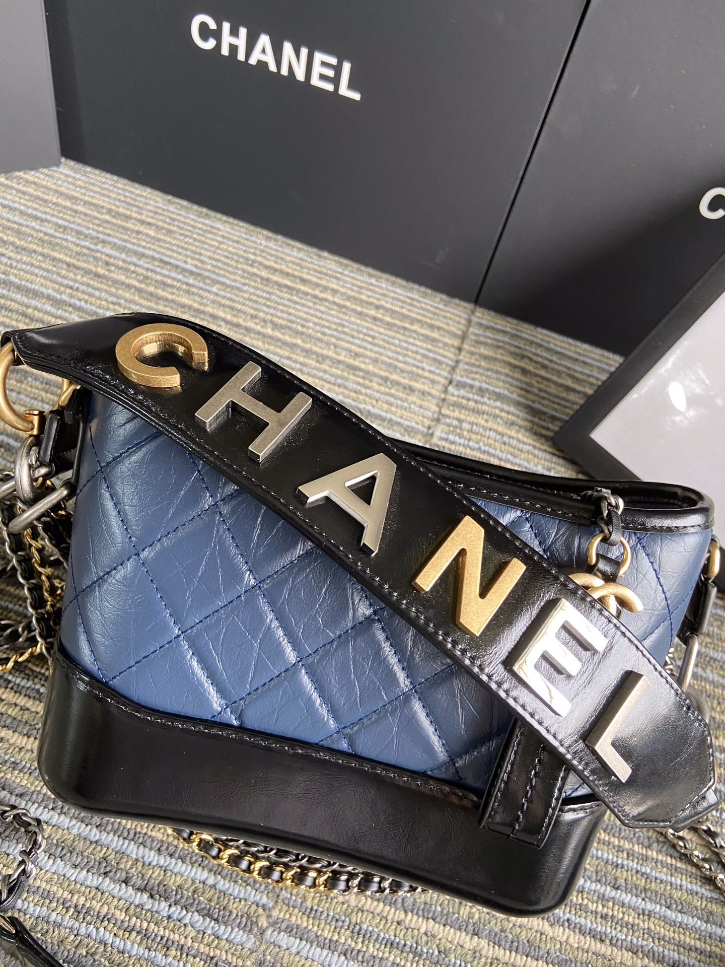 Ch*el Gabrielle SMALL BLUE with shoulder strap letters 20 x 15 x 8cm