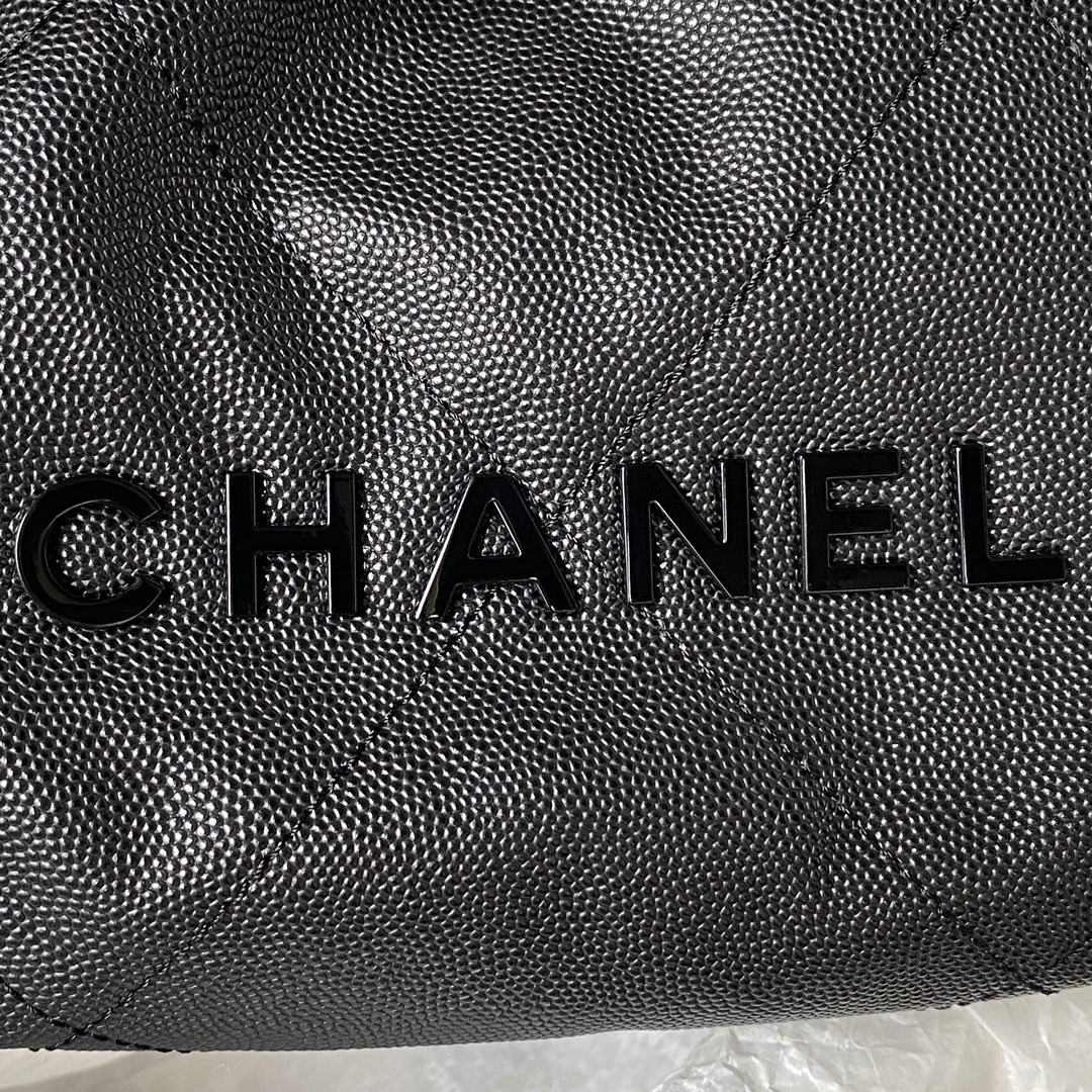 Ch*el 22 MINI HANDBAG GRAINED LEATHER BLACK 7.8 × 7.4 × 2.3 in