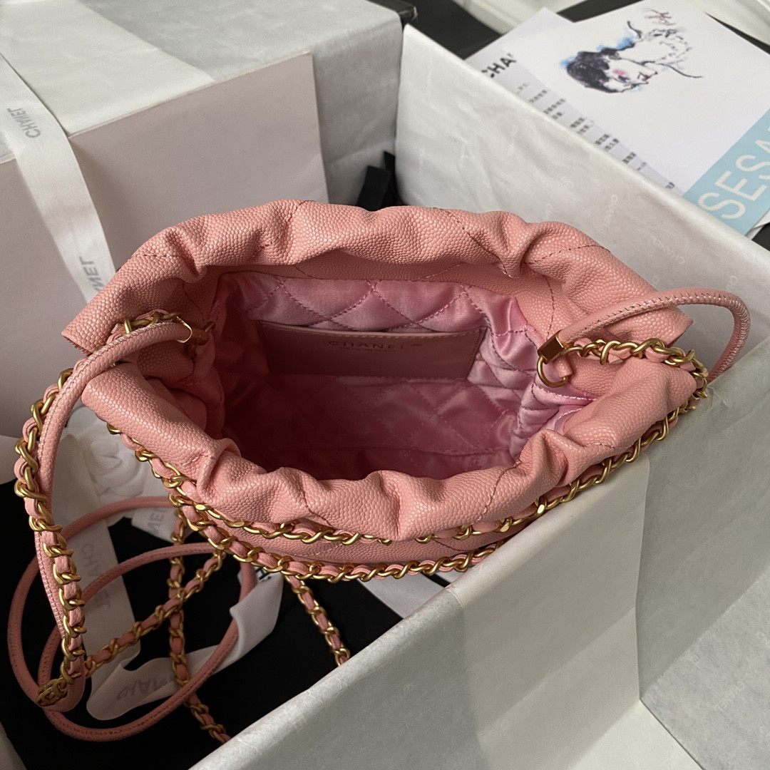 Ch*el 22 MINI HANDBAG GRAINED LEATHER PINK 7.8 × 7.4 × 2.3 in