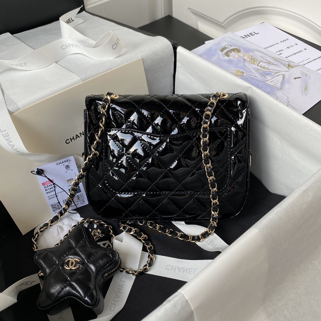 Ch*el MINI FLAP BAG & STAR COIN PURSE BLACK 5.9 × 7.8 × 2.5 in