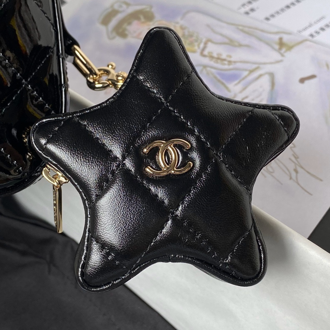 Ch*el MINI FLAP BAG & STAR COIN PURSE BLACK 5.9 × 7.8 × 2.5 in