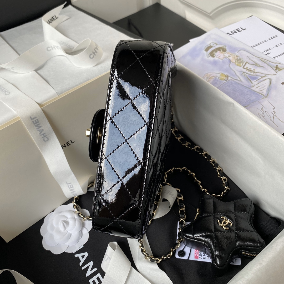 Ch*el MINI FLAP BAG & STAR COIN PURSE BLACK 5.9 × 7.8 × 2.5 in