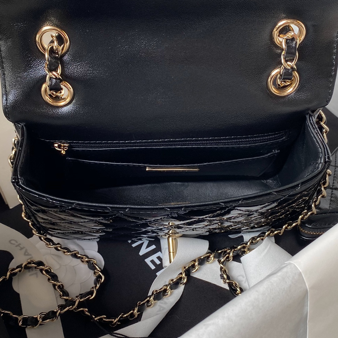 Ch*el MINI FLAP BAG & STAR COIN PURSE BLACK 5.9 × 7.8 × 2.5 in