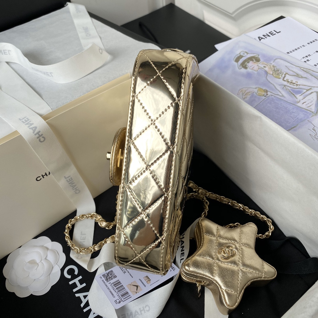 Ch*el FLAP BAG & STAR COIN PURSE GOLD 12.5×19×5cm