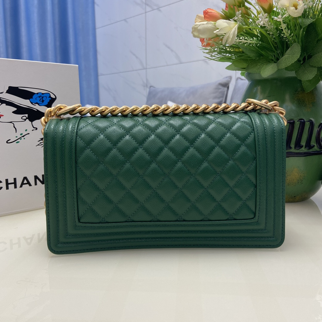 BOY Ch*el HANDBAG Shiny Grained Calfskin & Gold-Tone Metal Green 5.9 × 9.8 × 3.5 in