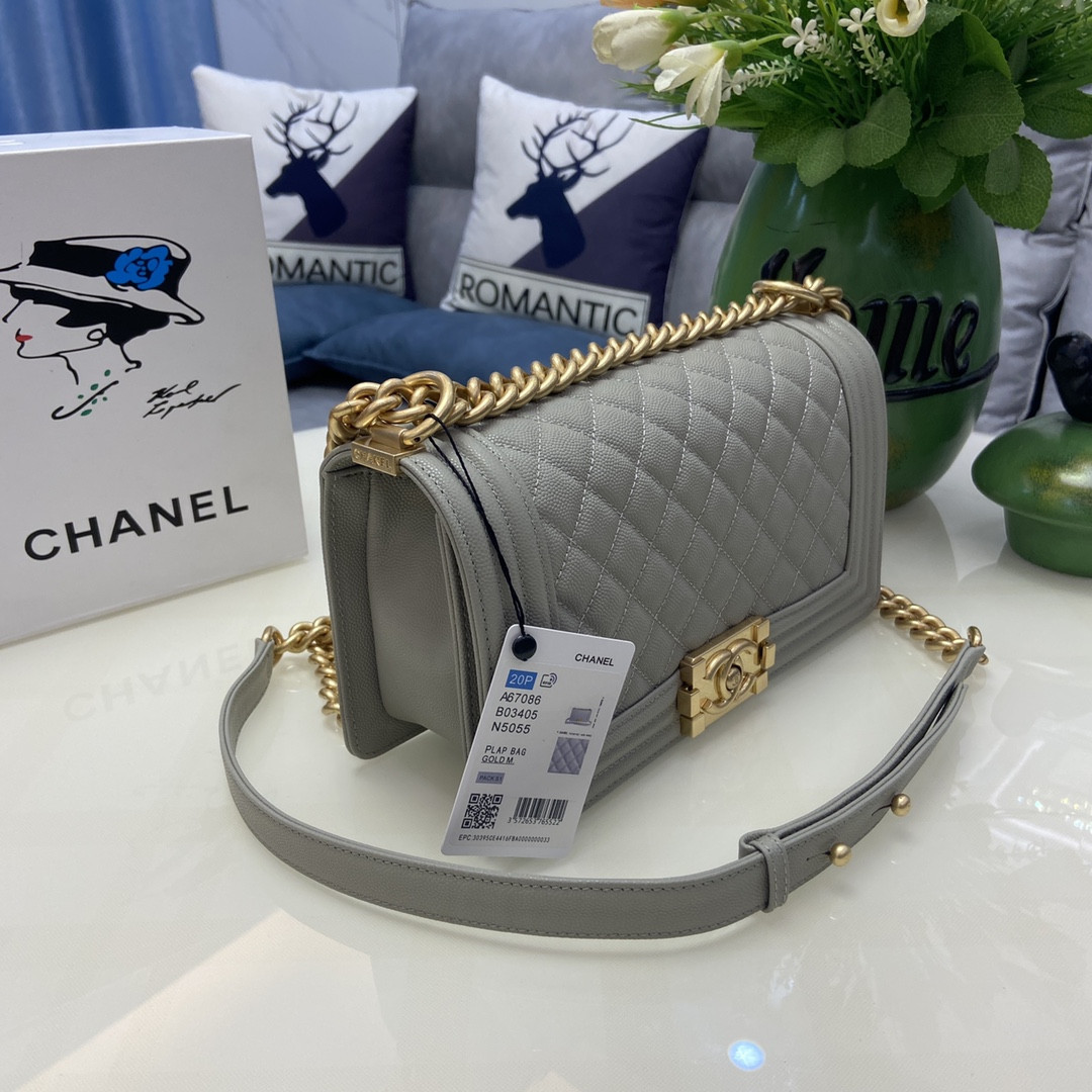 BOY Ch*el HANDBAG Shiny Grained Calfskin & Gold-Tone Metal Gray 5.9 × 9.8 × 3.5 in