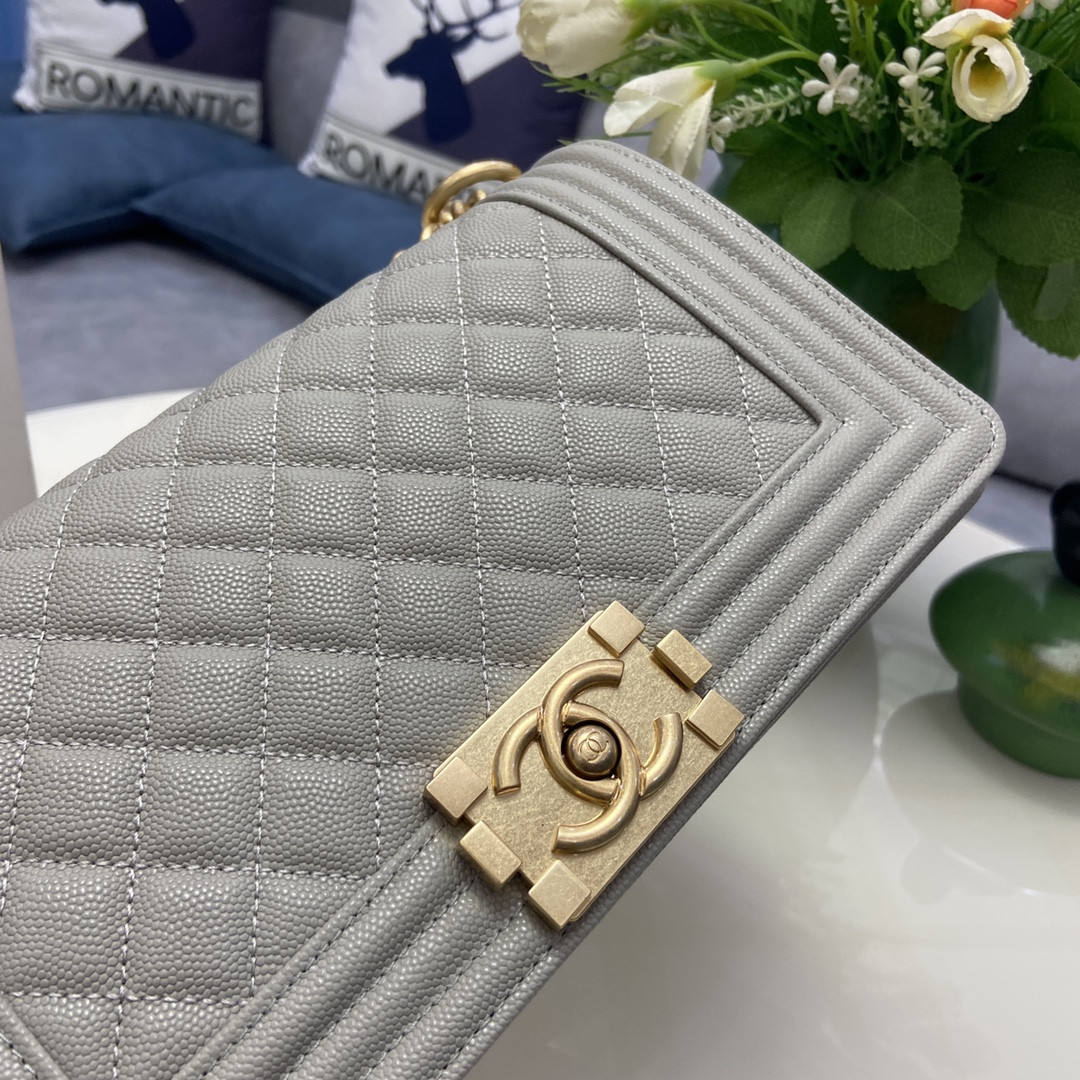BOY Ch*el HANDBAG Shiny Grained Calfskin & Gold-Tone Metal Gray 5.9 × 9.8 × 3.5 in