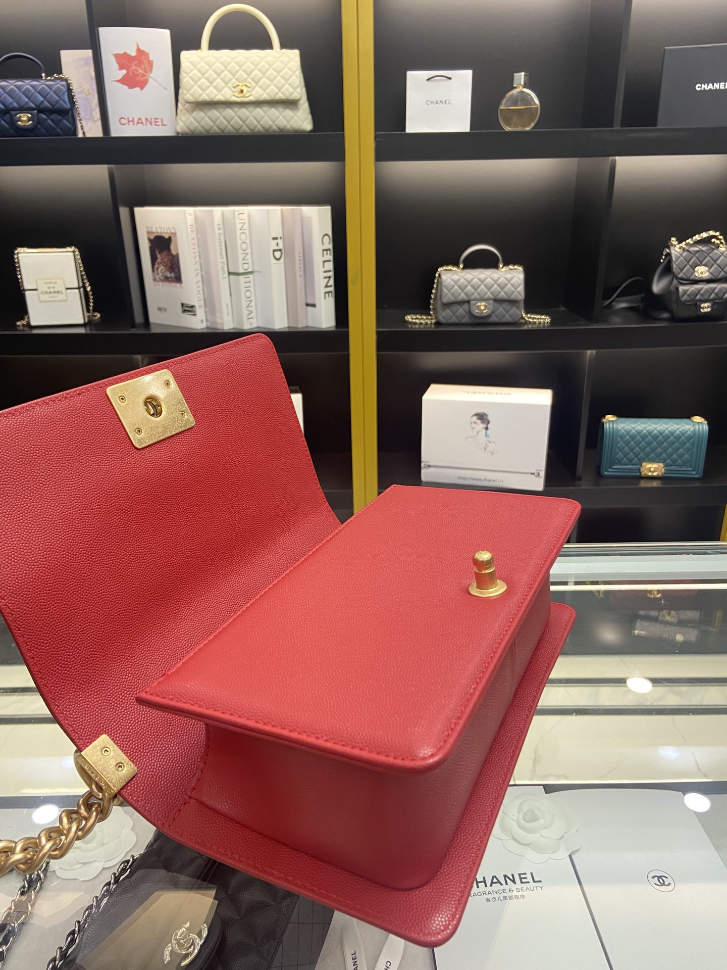 BOY Ch*el HANDBAG Shiny Red Grained Calfskin & Gold-Tone Metal 5.9 × 9.8 × 3.5 in