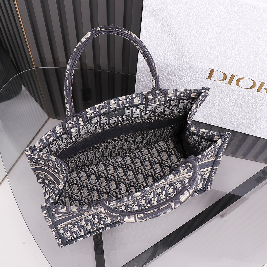 Medium D*0r Book Tote Ecru and Blue D*0r Oblique Embroidery 14 x 11 x 6.5 inches