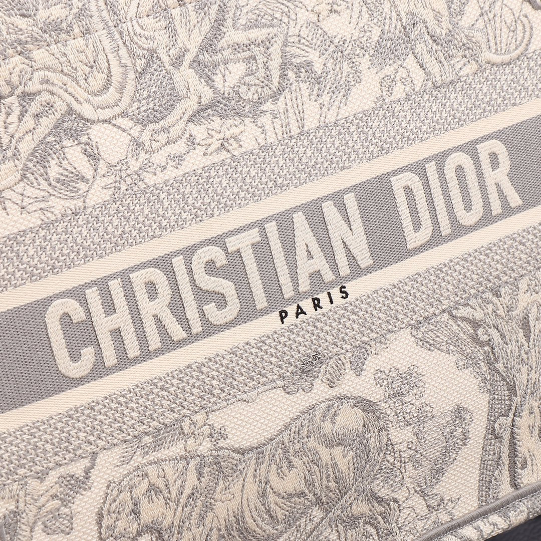 Medium D*0r Book Tote Ecru and Gray Toile de Jouy Embroidery 14 x 11 x 6.5 inches