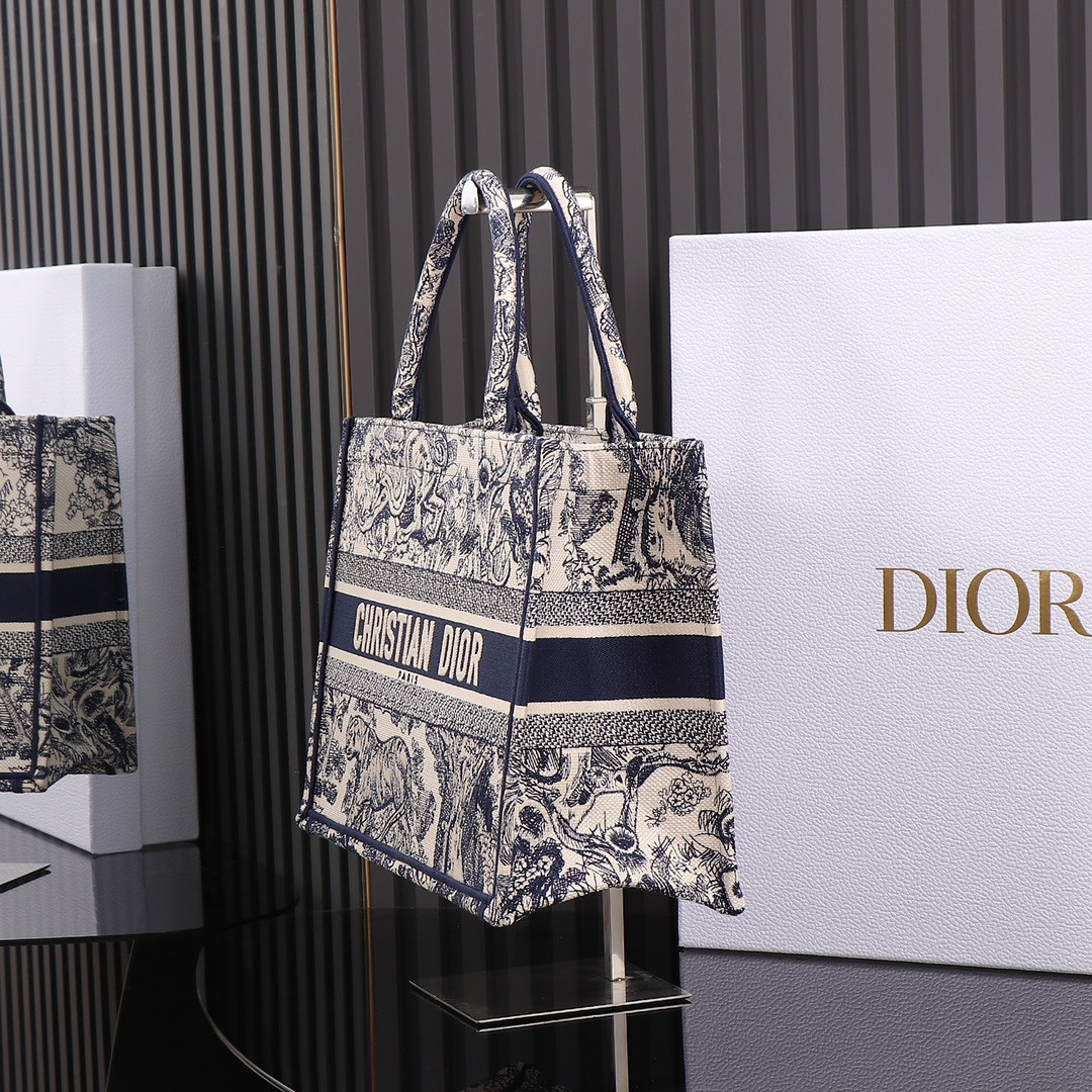 Medium D*0r Book Tote Ecru and Blue Toile de Jouy Embroidery 14 x 11 x 6.5 inches