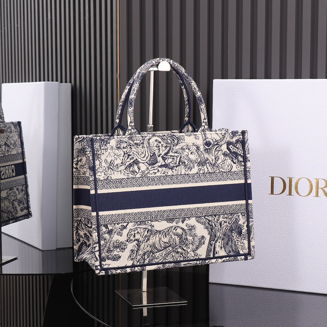 Medium D*0r Book Tote Ecru and Blue Toile de Jouy Embroidery 14 x 11 x 6.5 inches