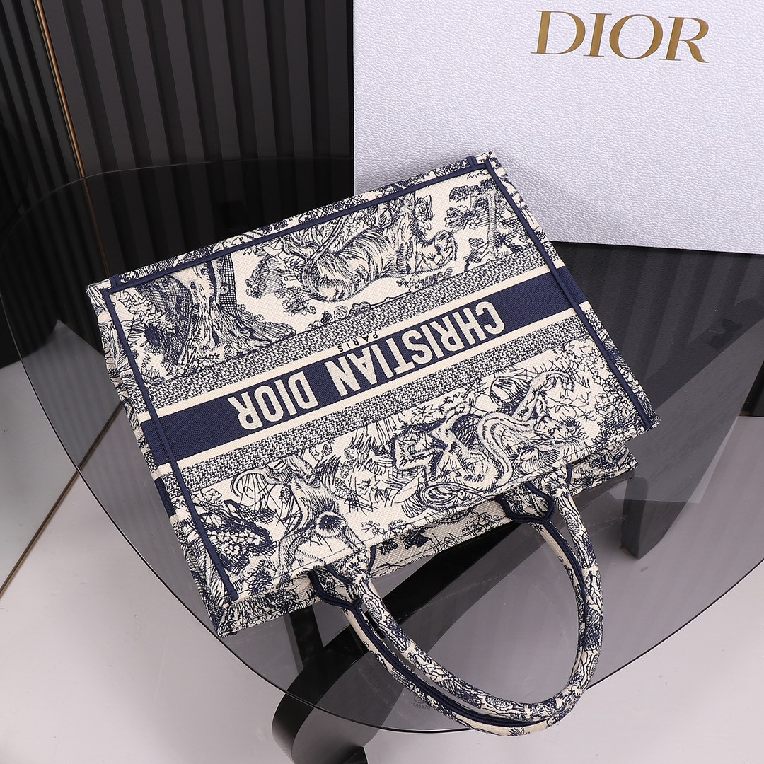 Medium D*0r Book Tote Ecru and Blue Toile de Jouy Embroidery 14 x 11 x 6.5 inches