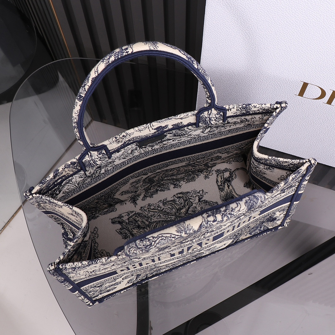 Medium D*0r Book Tote Ecru and Blue Toile de Jouy Embroidery 14 x 11 x 6.5 inches