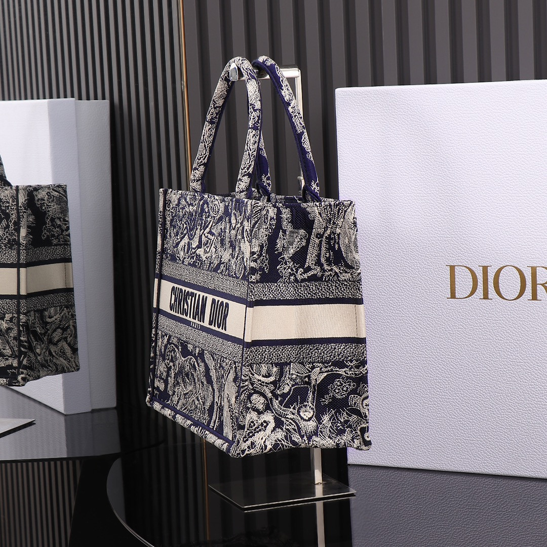 Medium D*0r Book Tote Blue and Ecru Toile de Jouy Reverse Embroidery 14 x 11 x 6.5 inches
