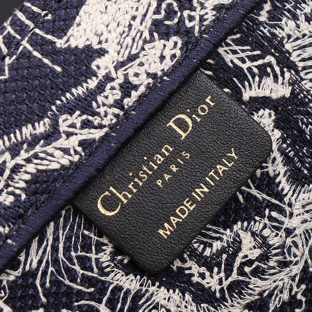 Medium D*0r Book Tote Blue and Ecru Toile de Jouy Reverse Embroidery 14 x 11 x 6.5 inches