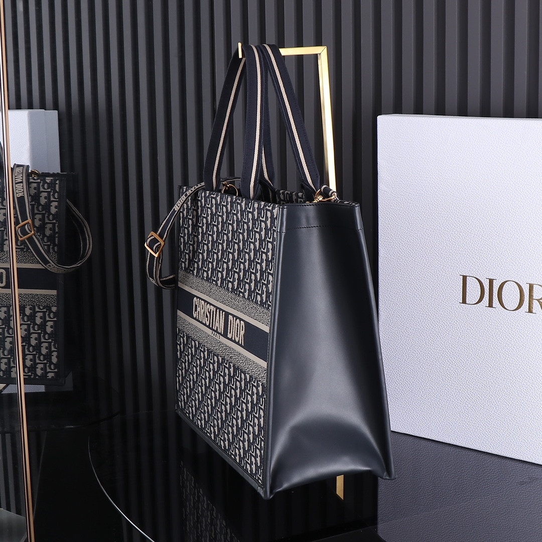 Large D*0r BOOK TOTE Blue D*0r Oblique Embroidery and Calfskin 16.5 x 14 x 7.5 inches