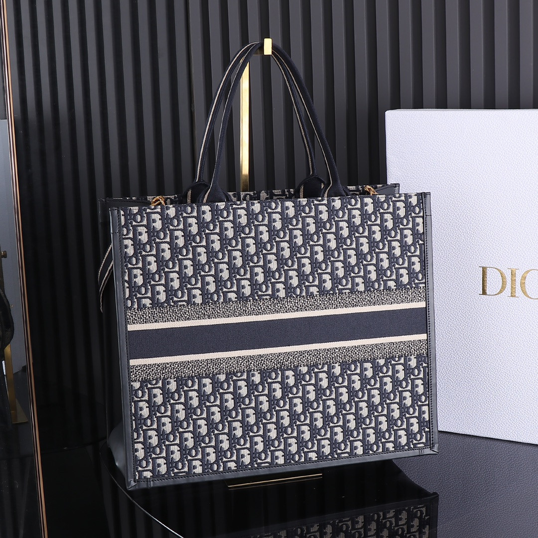 Large D*0r BOOK TOTE Blue D*0r Oblique Embroidery and Calfskin 16.5 x 14 x 7.5 inches