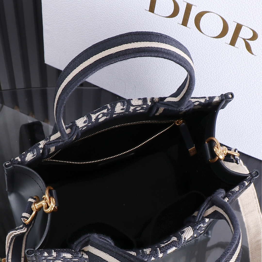 Small D*0r Book Tote Blue D*0r Oblique Embroidery and Calfskin 10.5 x 8.5 x 5.5 inches