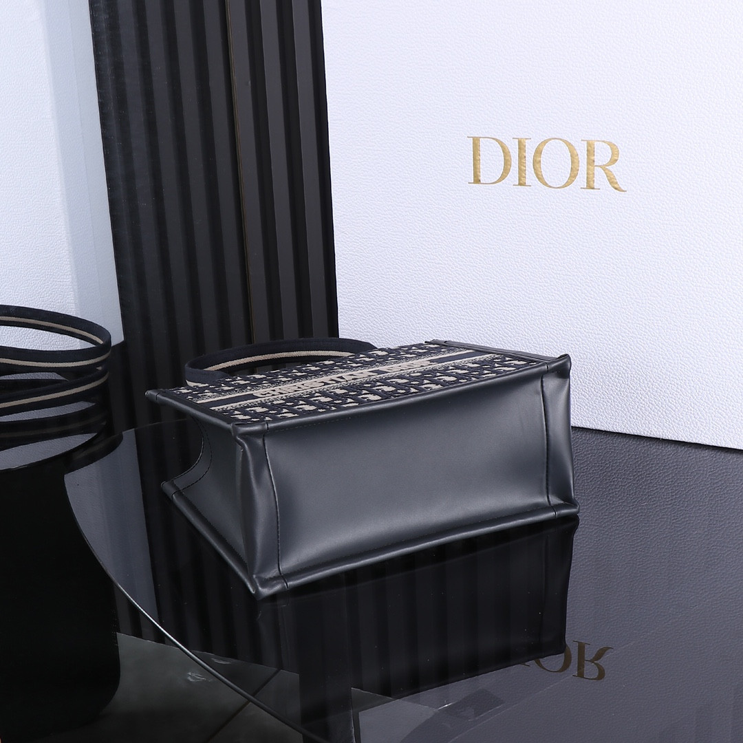 Small D*0r Book Tote Blue D*0r Oblique Embroidery and Calfskin 10.5 x 8.5 x 5.5 inches