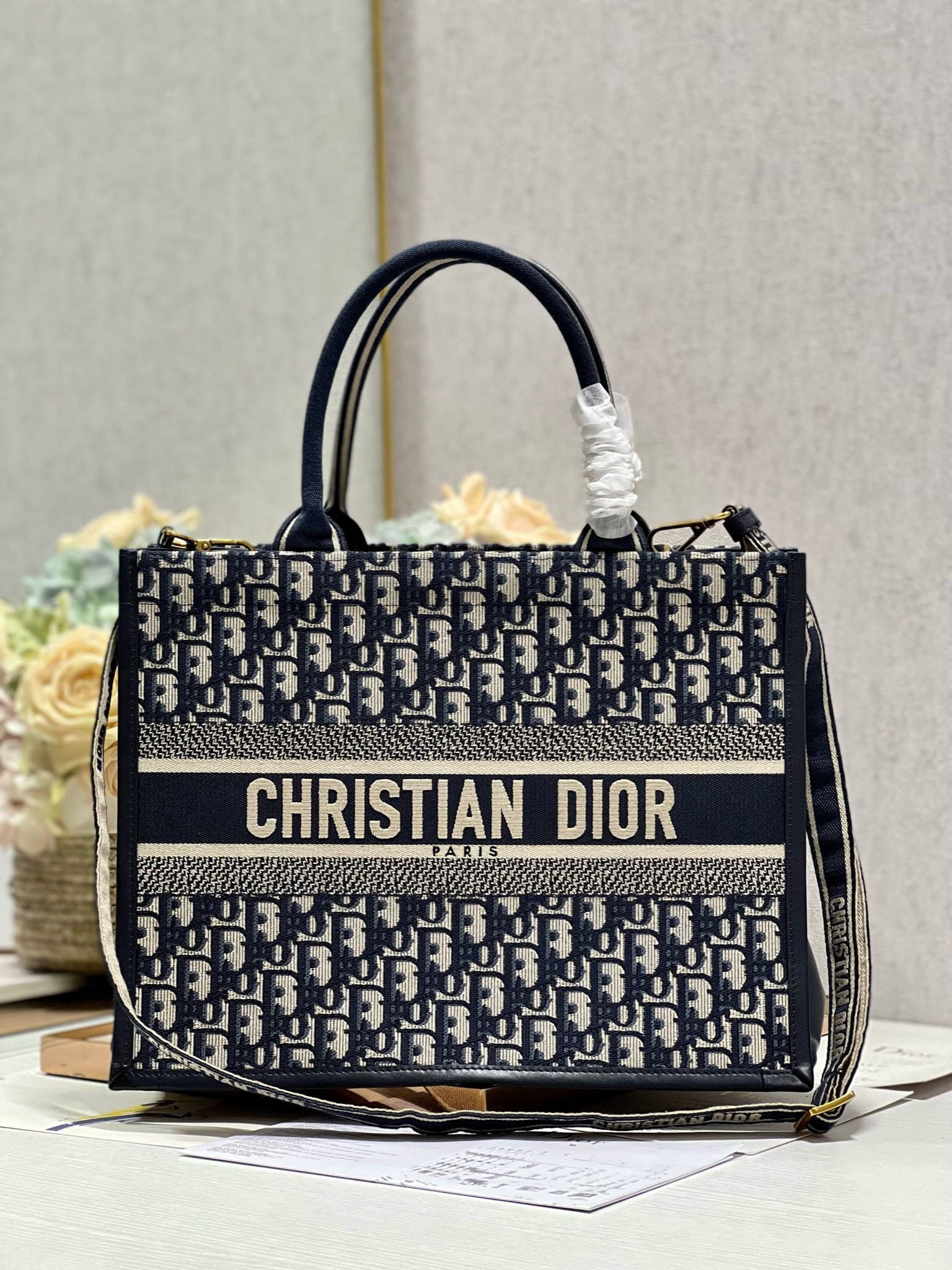 Medium D*0r Book Tote Ecru and Blue D*0r Oblique Embroidery 14 x 11 x 6.5 inches