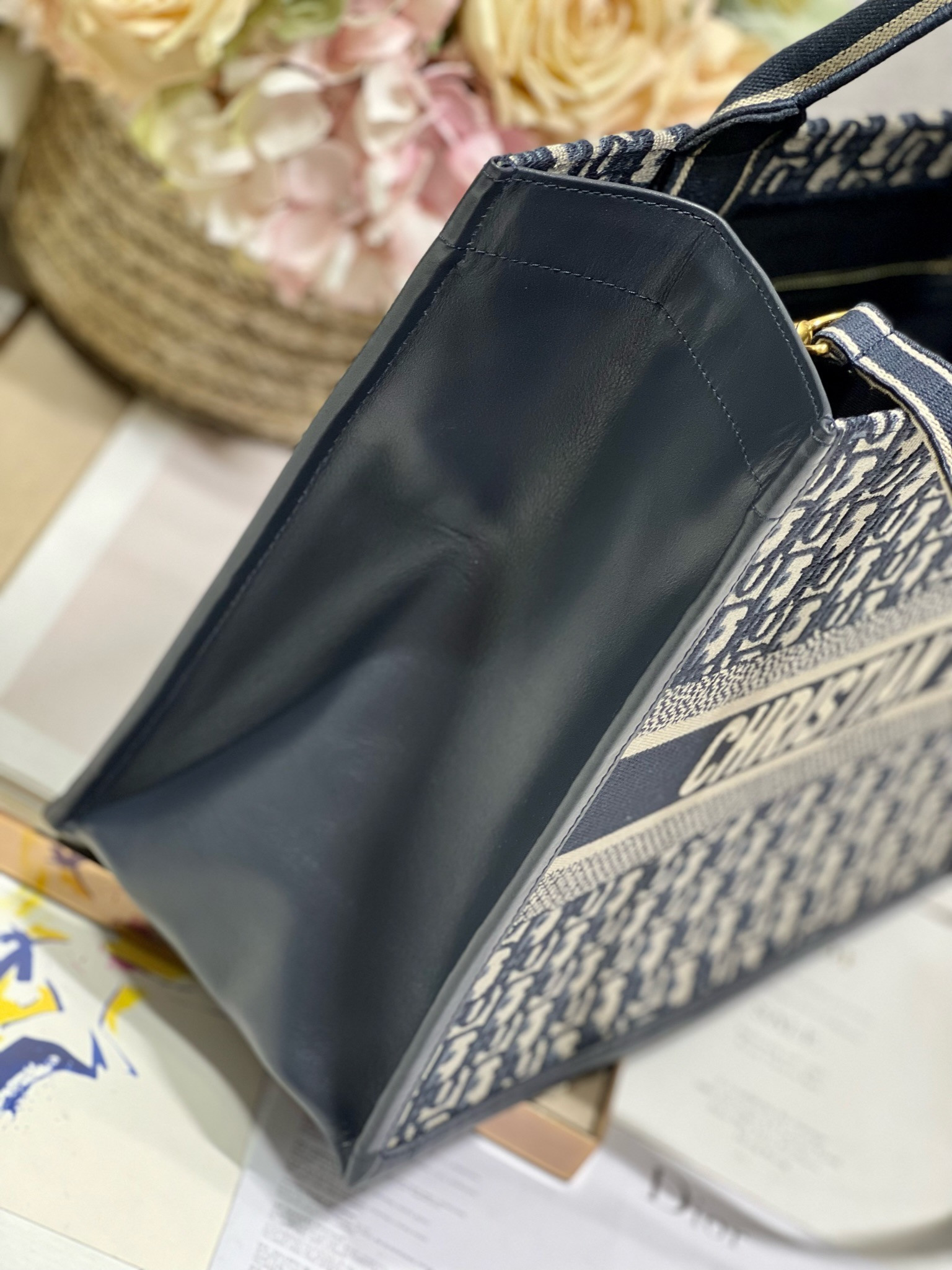 Medium D*0r Book Tote Ecru and Blue D*0r Oblique Embroidery 14 x 11 x 6.5 inches