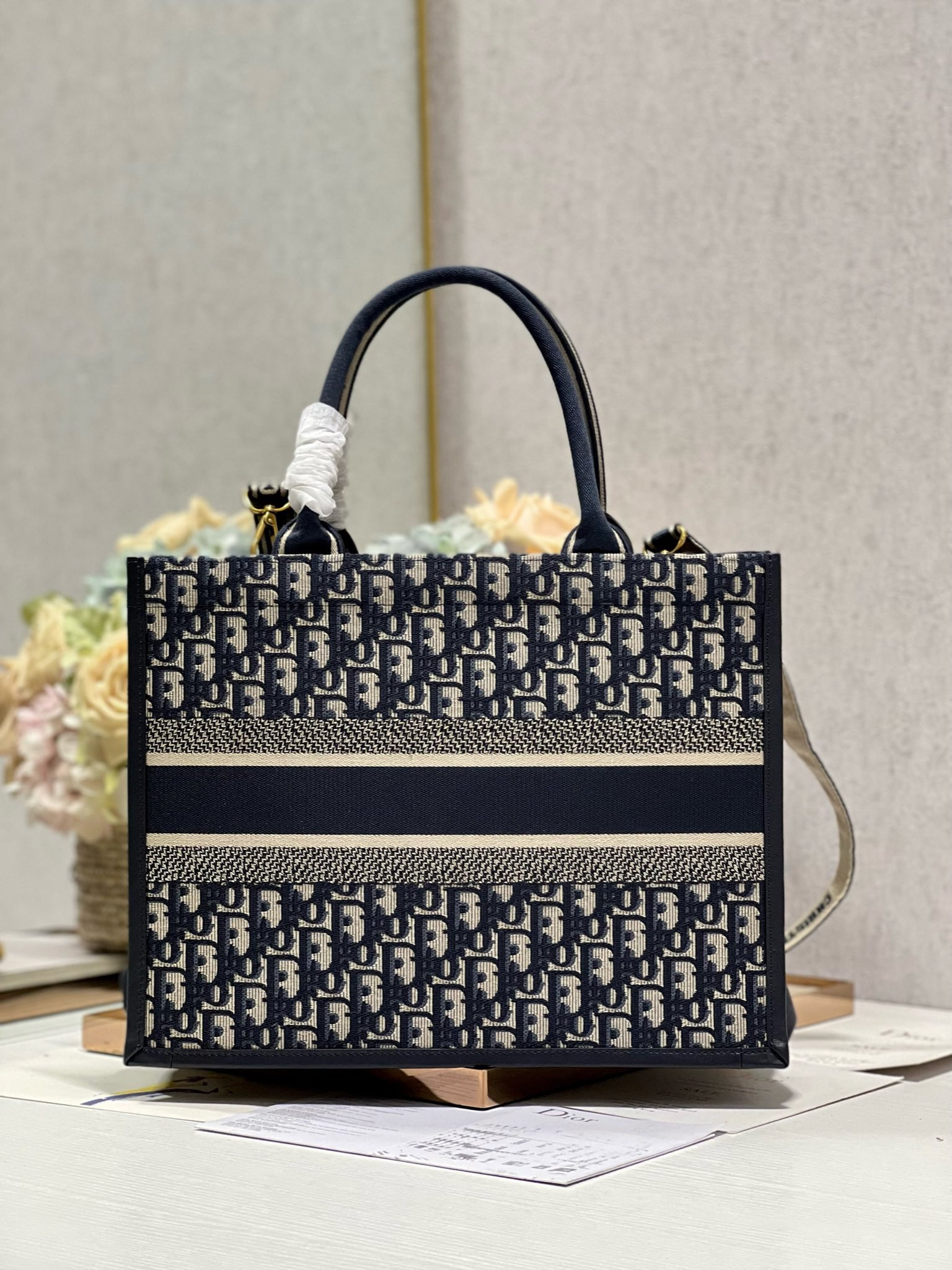 Medium D*0r Book Tote Ecru and Blue D*0r Oblique Embroidery 14 x 11 x 6.5 inches