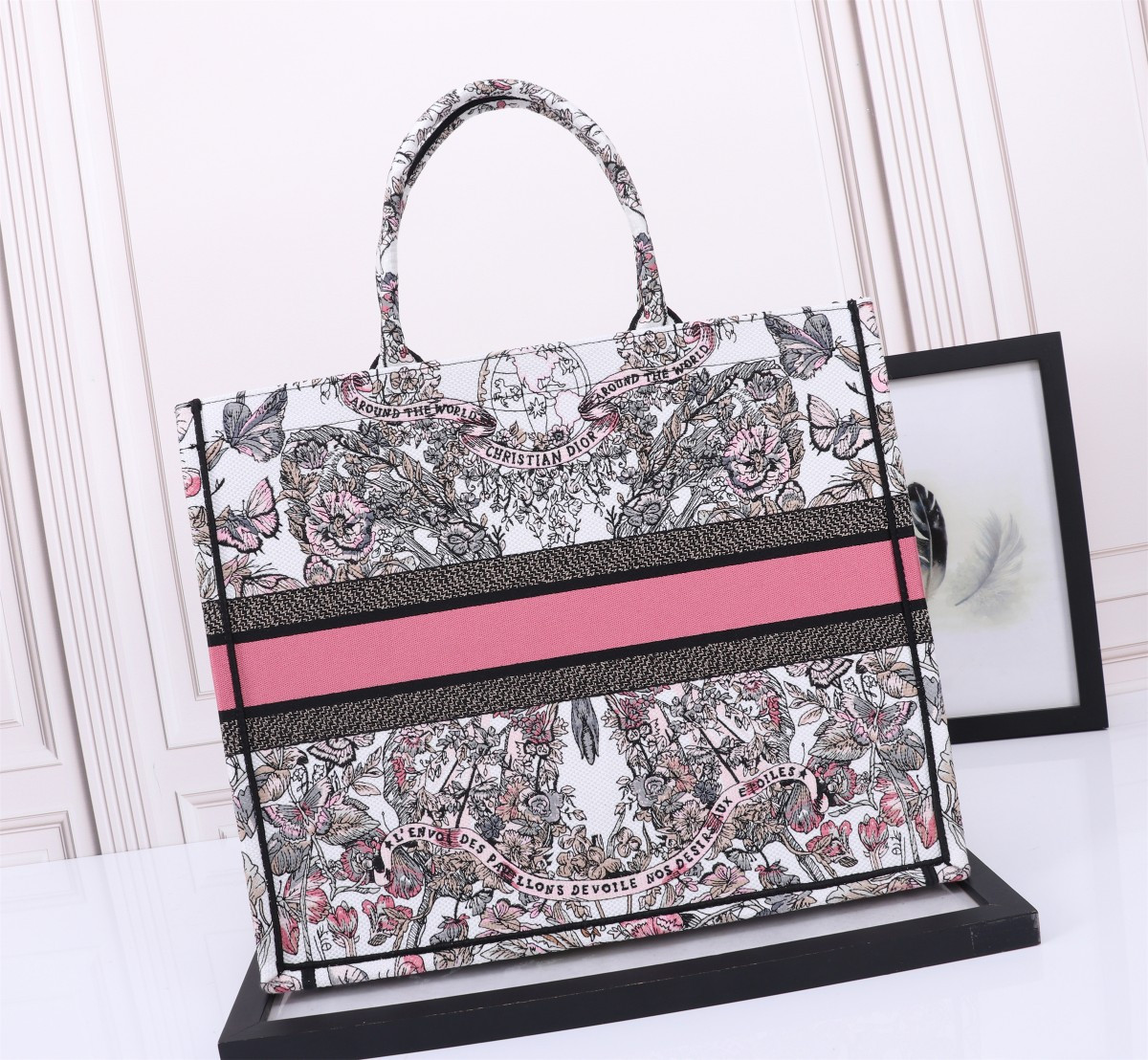 Large D*0r BOOK TOTE WHITE AND PASTEL PINK BUTTERFLY AROUND THE WORLD EMBROIDERY 16.5 x 14 x 7.5 inches