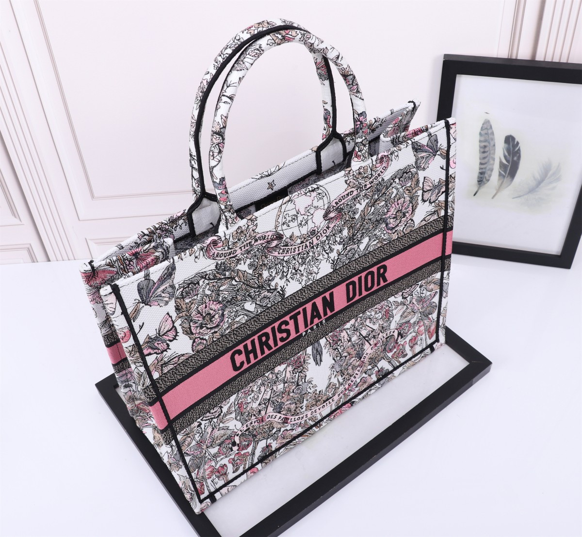 Large D*0r BOOK TOTE WHITE AND PASTEL PINK BUTTERFLY AROUND THE WORLD EMBROIDERY 16.5 x 14 x 7.5 inches