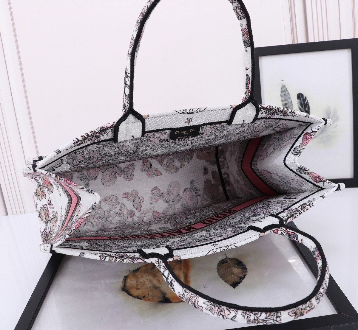 Large D*0r BOOK TOTE WHITE AND PASTEL PINK BUTTERFLY AROUND THE WORLD EMBROIDERY 16.5 x 14 x 7.5 inches