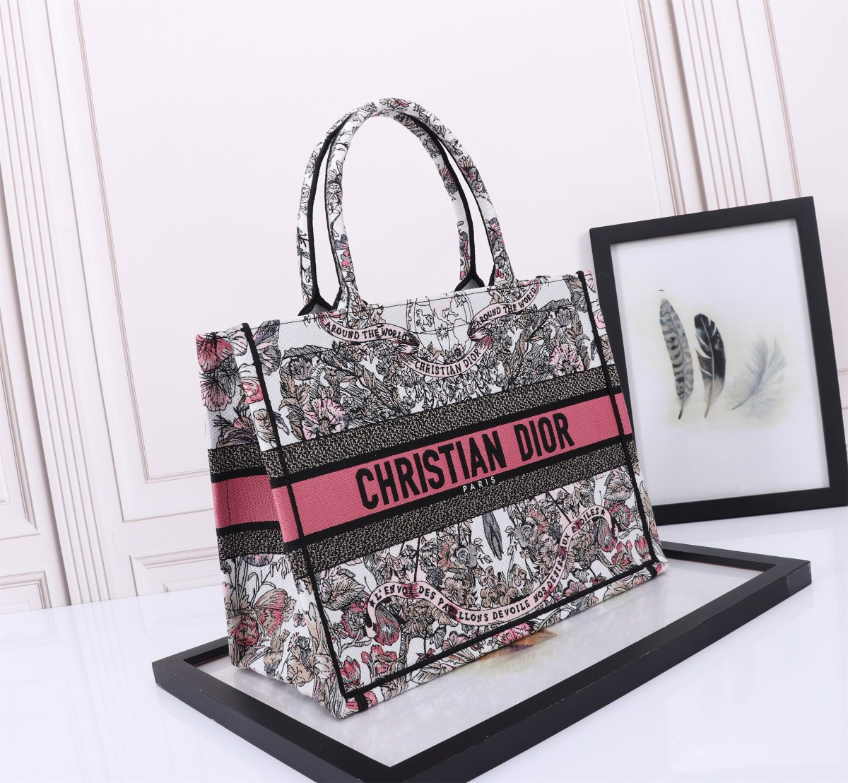 Medium D*0r Book Tote White and Pastel Pink Butterfly Around The World Embroidery 14 x 11 x 6.5 inches