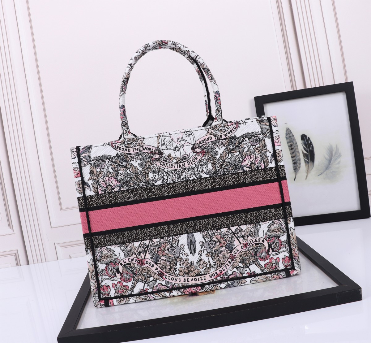 Medium D*0r Book Tote White and Pastel Pink Butterfly Around The World Embroidery 14 x 11 x 6.5 inches