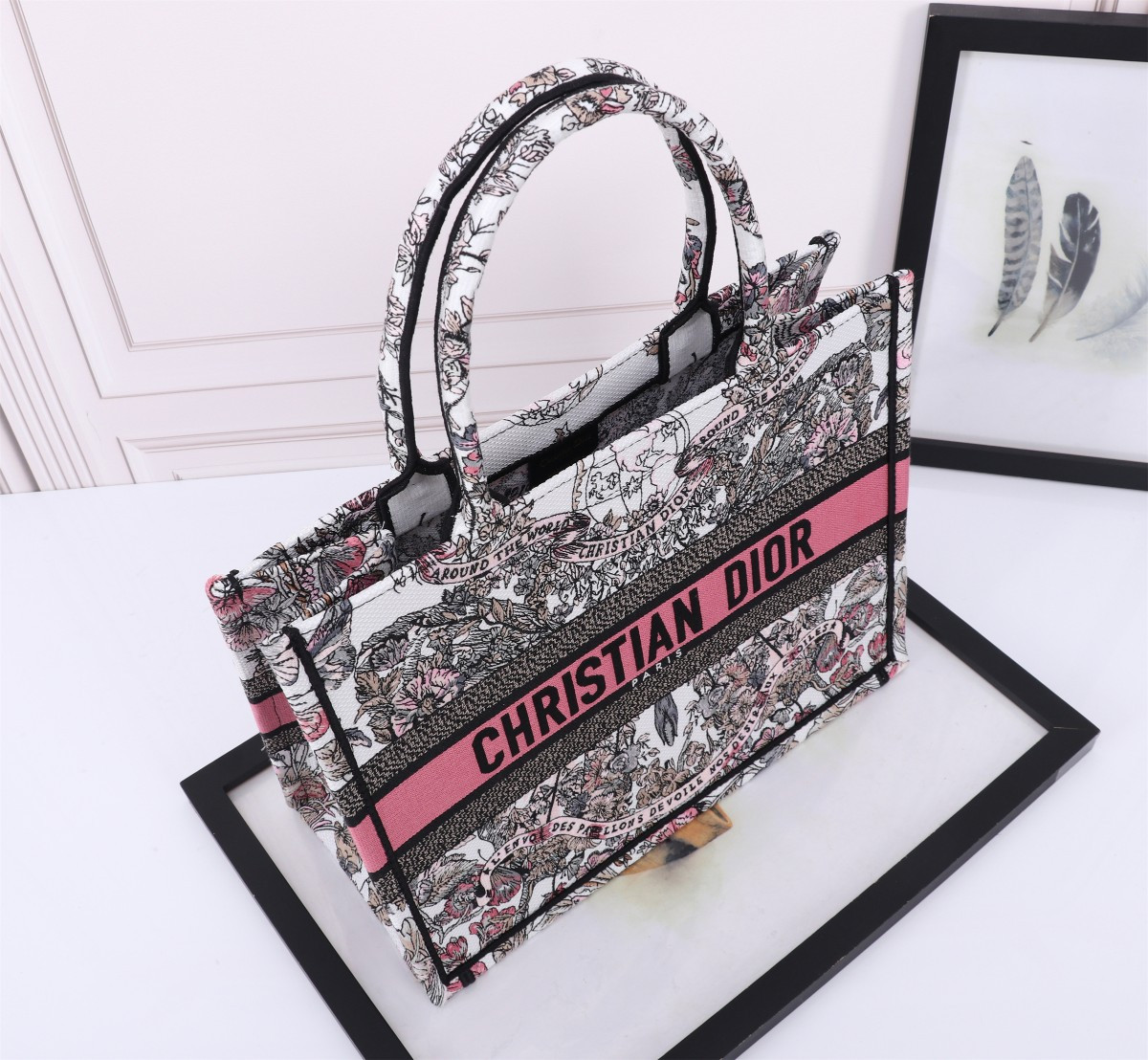 Medium D*0r Book Tote White and Pastel Pink Butterfly Around The World Embroidery 14 x 11 x 6.5 inches